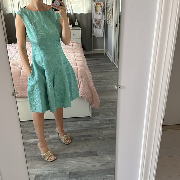 Talbot Runhof Dress Midi Fit Flare Sleeveless Floral 3D Embossed Teal Blue Small - Picture 2 of 13